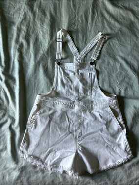 aerie White Denim Short Overalls with Bib
